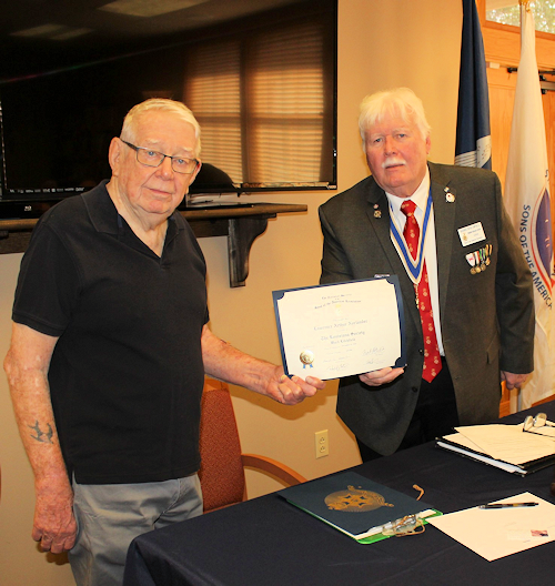 Chapter President Gervais Compton inducted new member Lawrence Norlander (left) into the SAR.  Norlander's Patriot Ancestor Ward Litchfield served as a private in Capt. Ensign Otis' Plymouth Co., MA, Militia Company called 'Royal Americans of the town of Scituate,' which probably marched in response to the Lexington Alarm of April 19th, 1775.