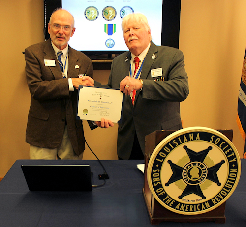 Compton presented LASSAR President Russ Godwin with a Certificate of Appreciation for his presentation on Oliver Pollock, a forgotten Patriot, who was instrumental in brokering relationships between American Revolutionaries and the Governors of Spanish Louisiana.  Pollock's success as a businessman opened doors for him and allowed him to aid the Patriot cause.