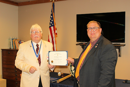 President A. Gervais Compton III presented the guest speaker LSUA professor Jim Rogers, Ph.D., with a certificate of appreciation and a LASSAR mug for his presentation on the ancestry and the life of President James K. Polk