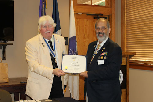 Guest Speaker Tony Vets gave a presentation on the founding of Fort Boonesborough, KY, by Daniel Boone and Richard Henderson in April 1775.  Two of Vets' Patriot Ancestors, Thomas Phelps and his daughter Lucy, were defenders of the fort during an eleven-day siege from the Shawnee and British Canadian troops in September 1778.  President Gervais Compton presented Vets with a Certificate of Appreciation for his talk.