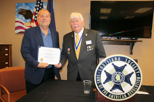 At Forts Buhlow & Randolph Visitors Center, Michael Wynne talked about Alexander Fulton, the founder of the Town of Alexandria, LA.  President Compton presented him with a Certificate of Appreciation.